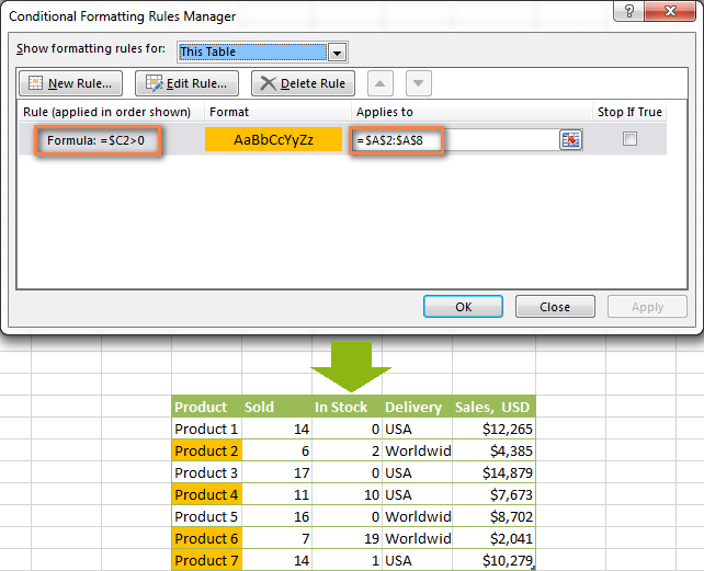 Excel conditional formatting rule to highlight cells based on another cell's value.