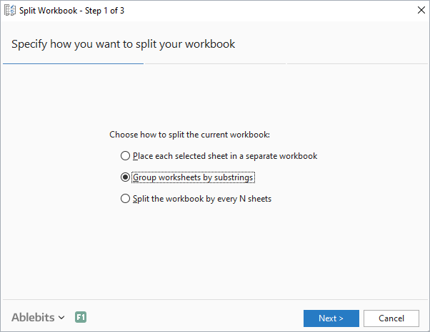 Group worksheets by substrings in their names.