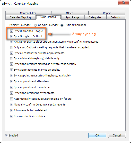 Set up 2-way syncing between Outlook and Google.