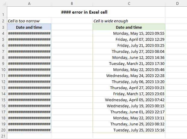 #### error in Excel cell