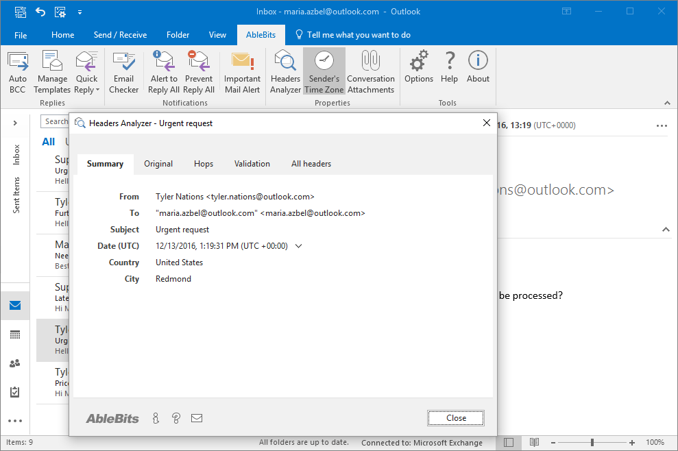 Open and analyze Outlook email headers in one click