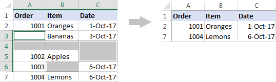 Hide rows that contain at least one blank cell.