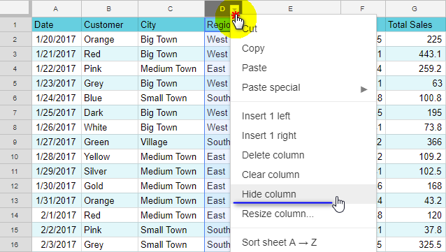 Hide a column in Google Sheets.