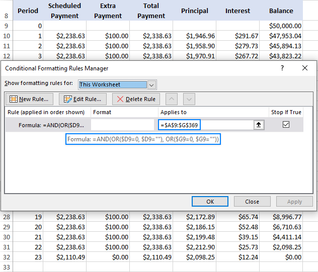 Create a conditional formatting rule to hide zero values in extra periods.