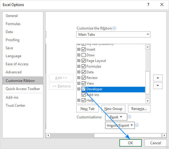 Hide and show tabs on Excel ribbon.