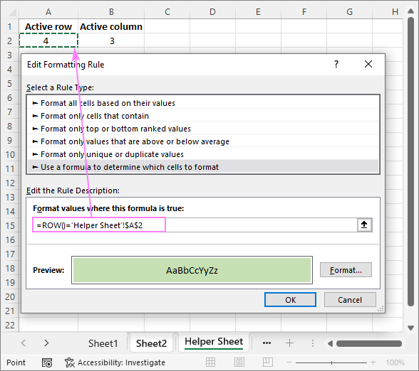 Conditional formatting to highlight the active row