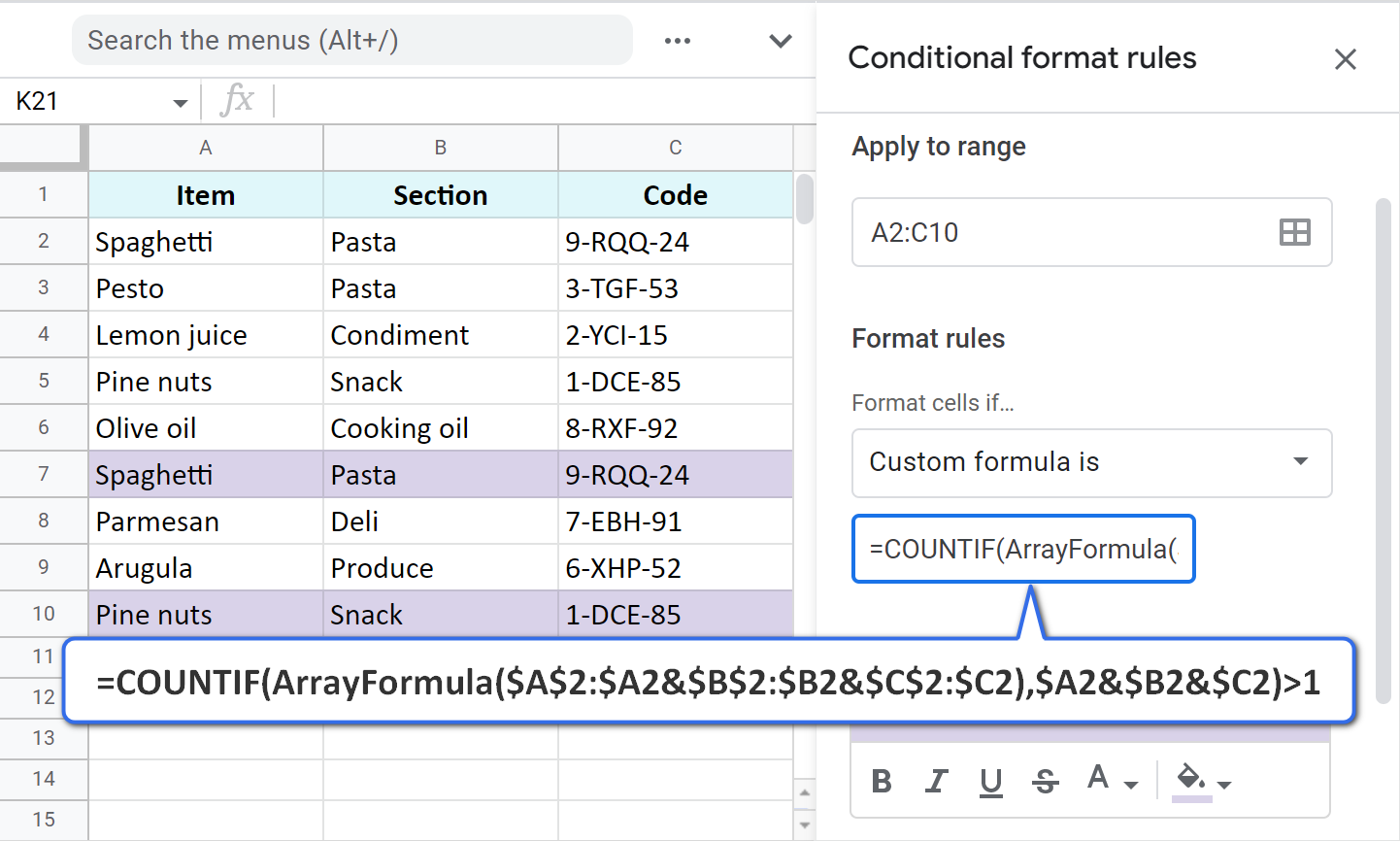 Color actual duplicates via the Google Sheets conditional formatting.