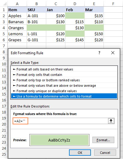 Conditional formatting rule to highlight blank cells in Excel.