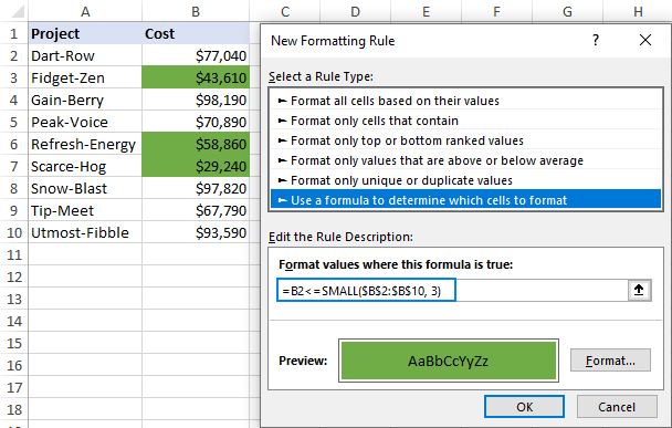 Highlighting bottom values in Excel