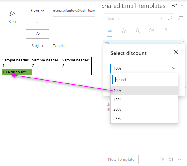 Highlight the necessary cells when pasting the template with a table.