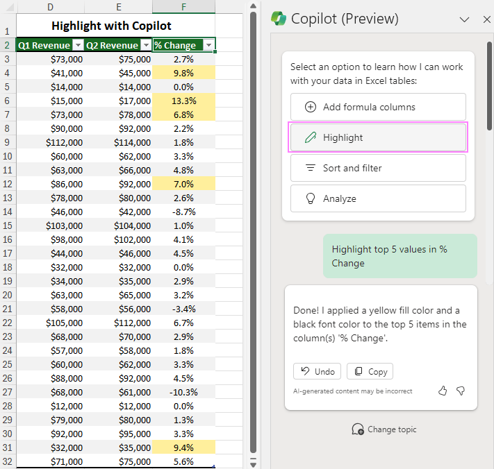 Highlights certain values with Copilot.