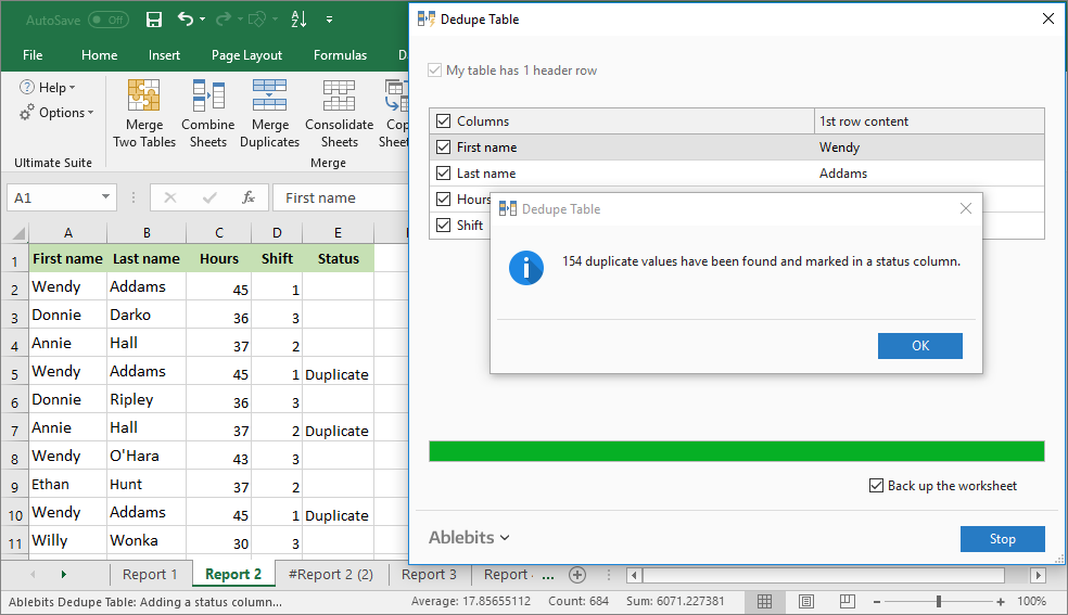 Get the duplicate rows marked in a status column