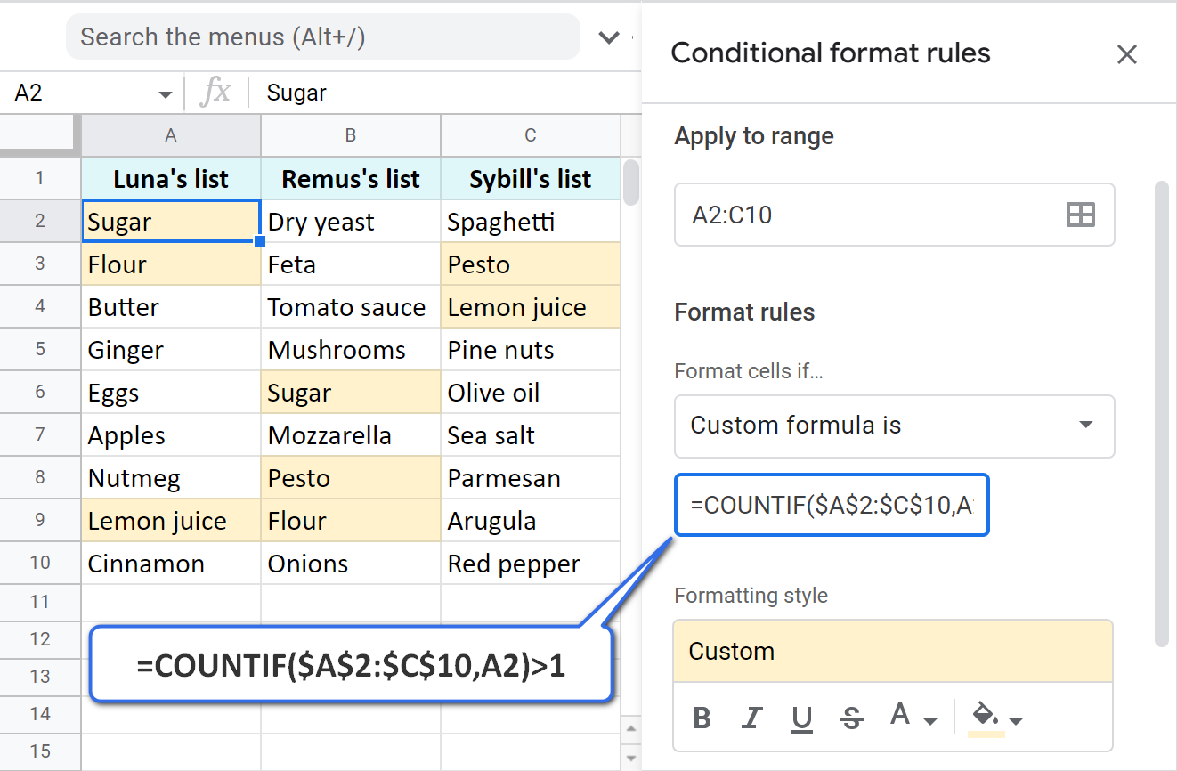 Highlight all duplicate cells in all Google Sheets columns.