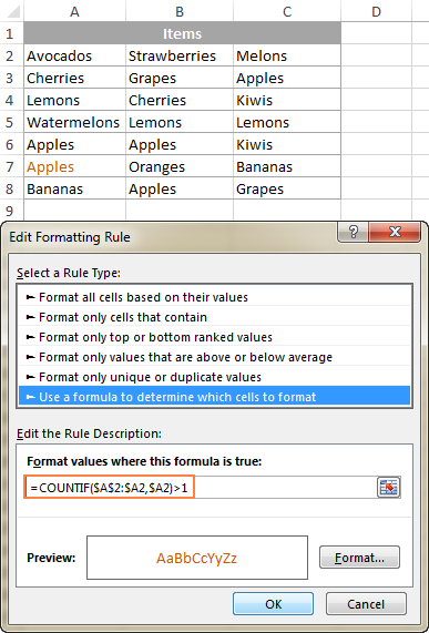 Rule 1 for highlighting duplicates without 1st occurrences in multiple columns