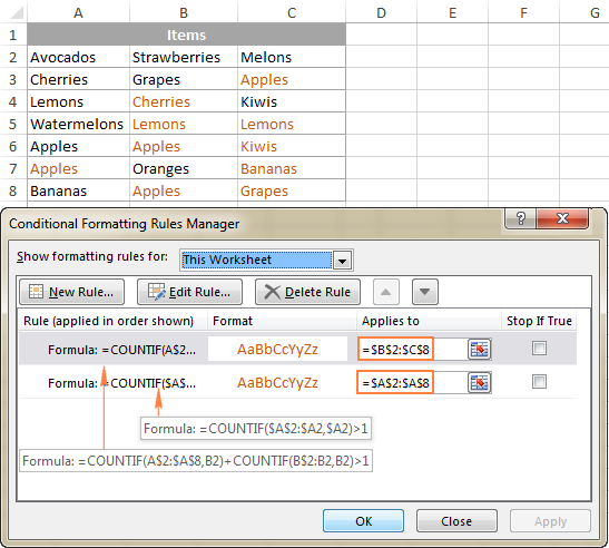 Highlighting duplicates without 1st occurrences in multiple columns