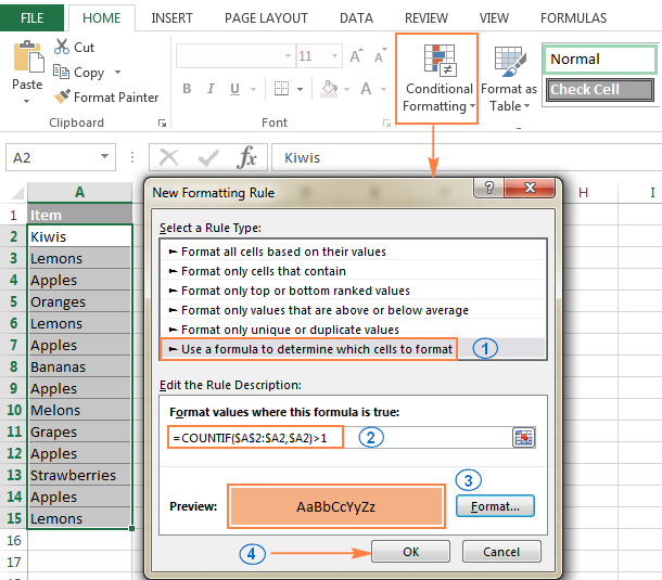 Highlight duplicates in Excel except for first instances.