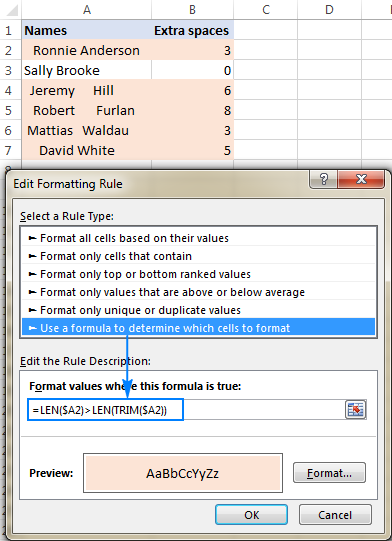 Conditional formatting rule to highlight cells with excess spaces