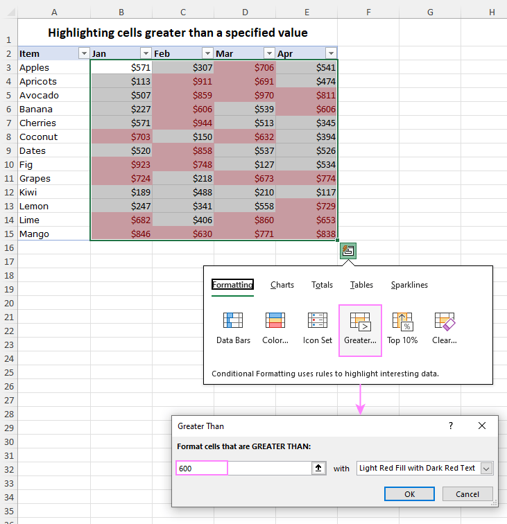 Use Quick Analysis to highlight cells greater than a specified value.