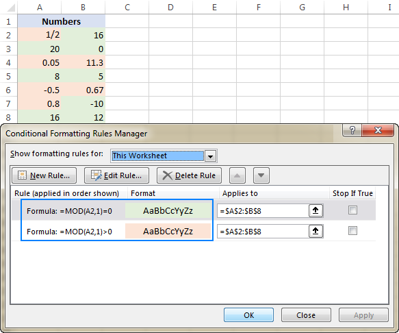 Highlighting integers and decimals in Excel 