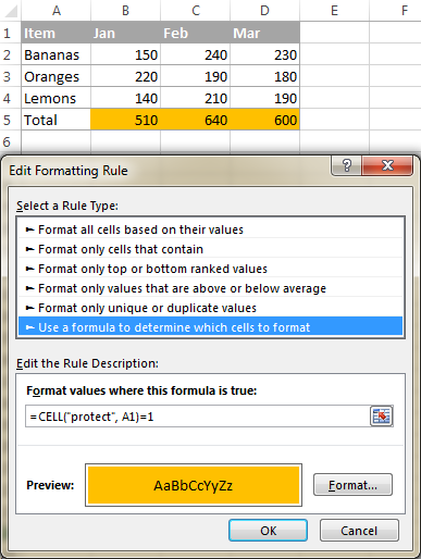 Highlight locked cells with a conditional formatting rule.