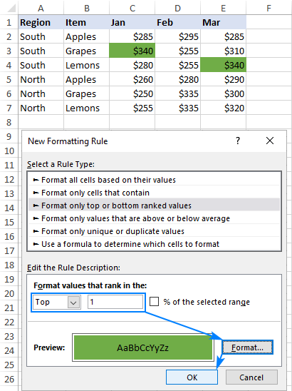 Highlighting the highest value in a range