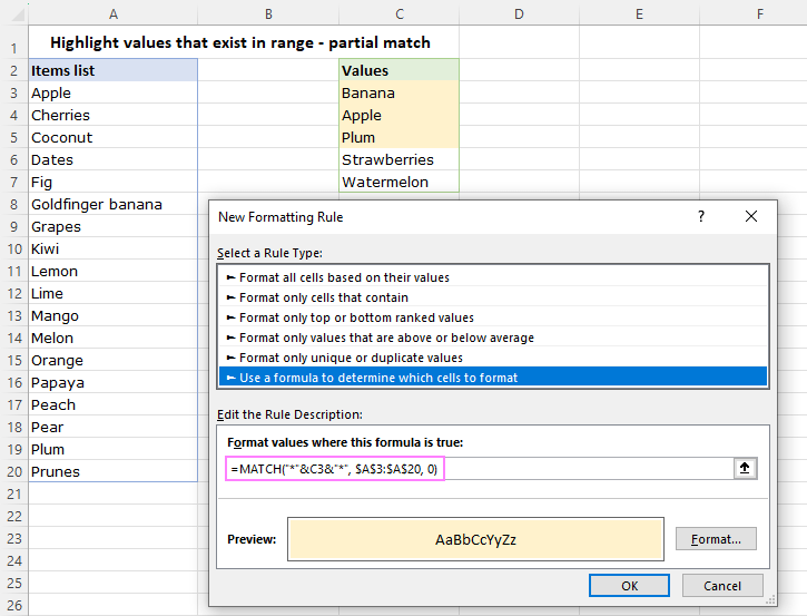 Highlight partially matching values.