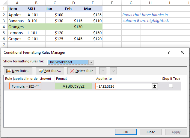 Highlight rows with blanks in a specific column.