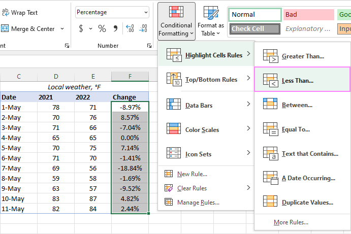 Using preset Highlight Cells Rules