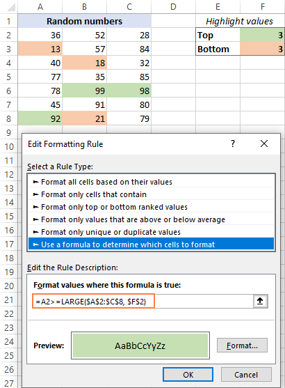 Top 3 and bottom 3 values in a range are highlighted.