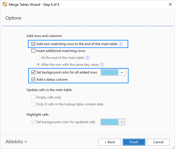 Specify how the tables should be merged.