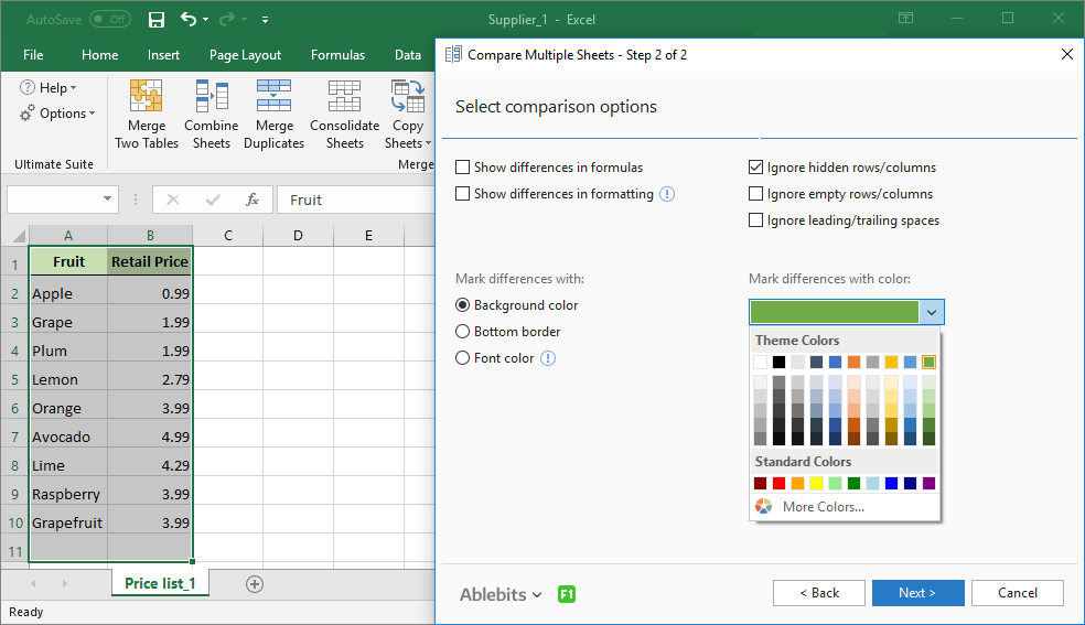 Check the additonal options, select how to mark the differences and the color