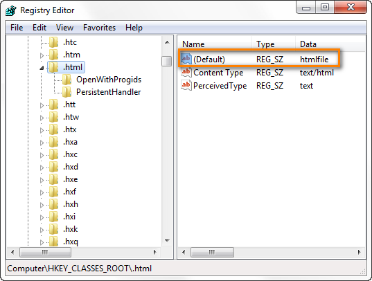 Make sure the Default value of the HKEY_CLASSES_ROOT \.html key is htmlfile.