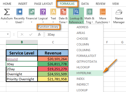 Click on HYPERLINK in the Lookup & Reference drop-down menu to start entering the formula.