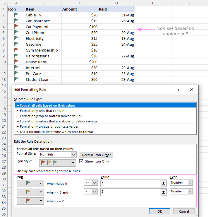 Configure an Excel icon sets based on another cell.