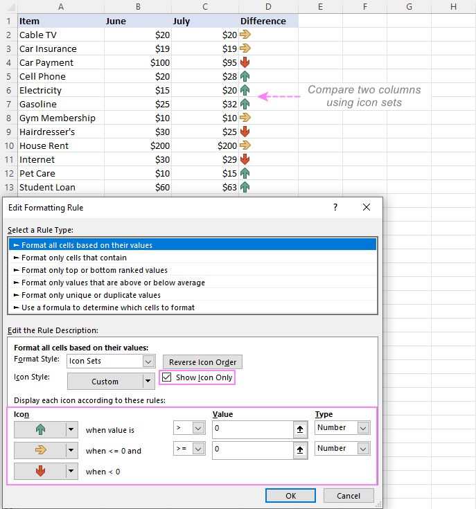 Compare two columns using only the icons.