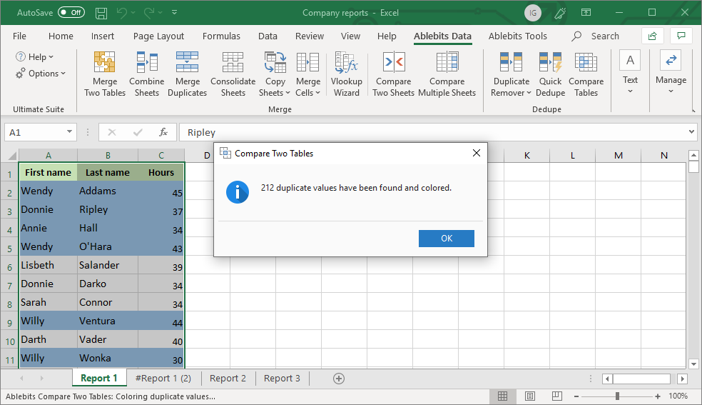 Two tables are compared, duplicate rows are found