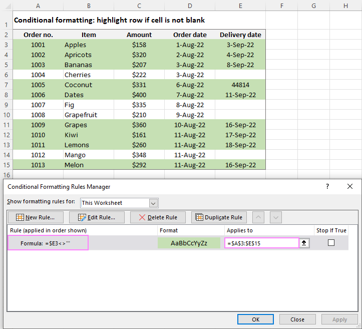 An entire row gets highlighted if a cell in a specified column is not empty.