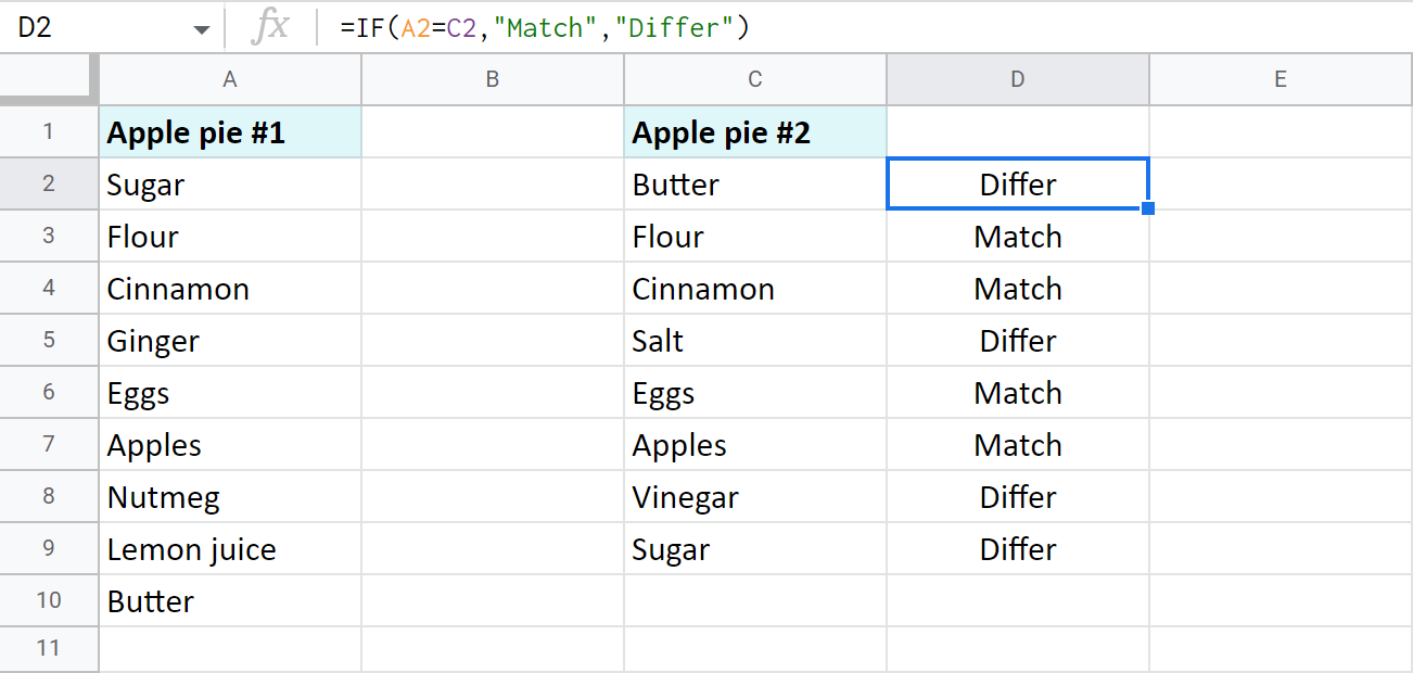 Identify pairs of cells with the IF function.