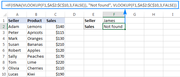 If the lookup value is not found, IF ISNA VLOOKUP returns custom text instead of the N/A error.