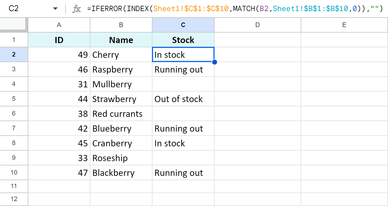 Merge Google sheets using INDEX MATCH.