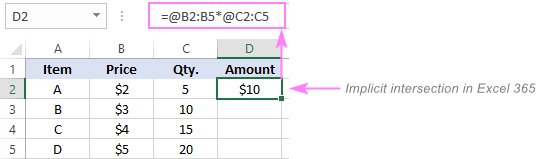 Implicit intersection operator in Excel 365