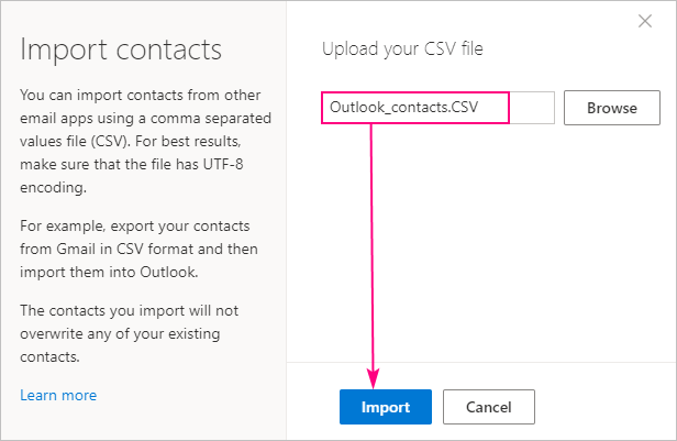 Choose a CSV file to import contacts from.