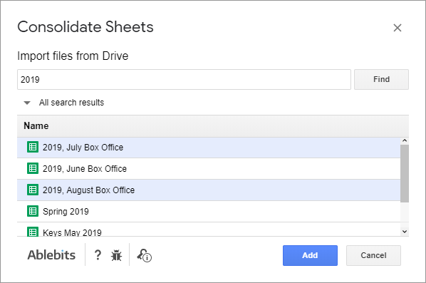 Select multiple files to consolidate in Google Sheets.