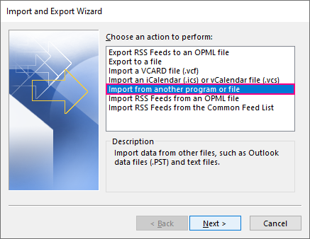 Importing contacts into Outlook from another program or file