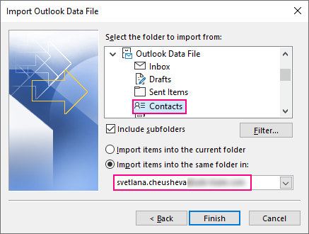 Choose the folder to import the contacts to.