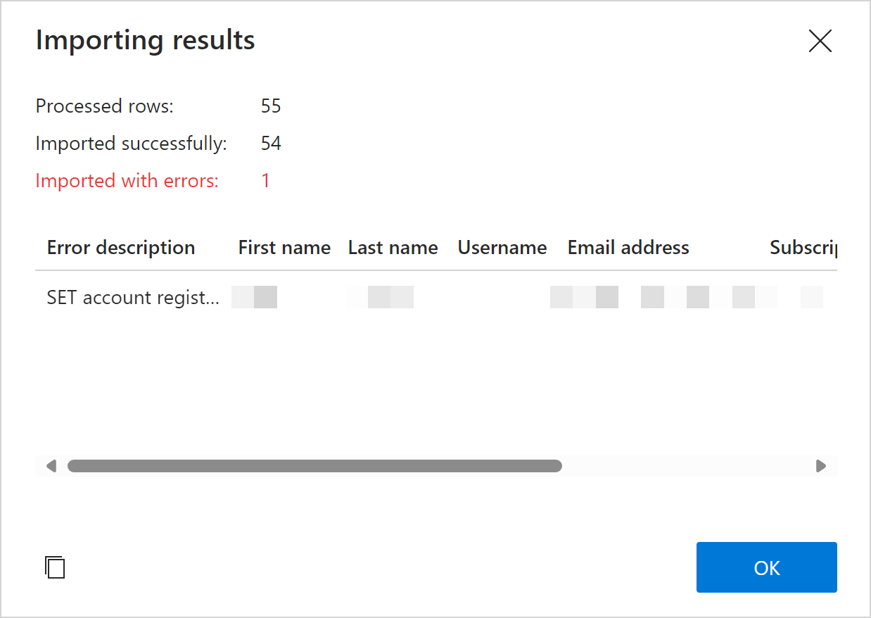 The Importing results dialog containing an error description