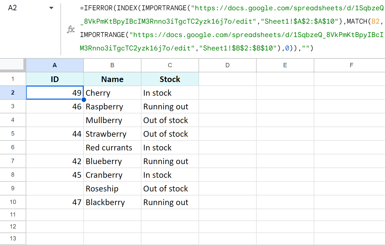 IMPORTRANGE + INDEX MATCH in one formula.