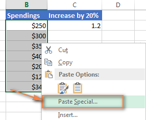 Use Paste Special to increase an entire column of numbers by percentage