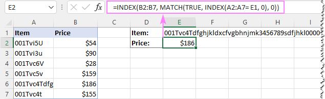 If a lookup value contains more than 225 characters, use INDEX MATCH instead of VLOOKUP.