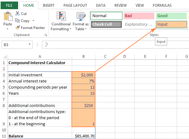 Whenever you apply the Input style to the selected cells, they will get both formatted and unlocked.